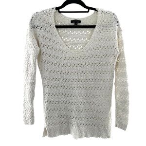 Ann Taylor White Open Knit Crochet V-Neck Long Sleeve Sweater Size Small